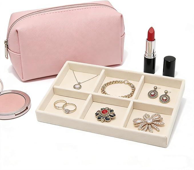 Velvet Jewelry Organizer Tray, Beige 6 Grids | Stackable Jewelry Storage Display Tray with Removable Dividers for Drawer Dresser Cloest Organizer