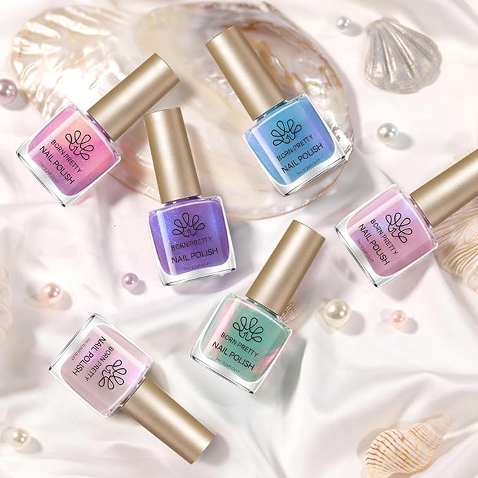 Born Pretty Pearl Nail Polish Set, 6 Colors Ombre Pearl Shimmer White Pink Purple Mermaid Nail Polish Quick Dry Spring Summer Finger Shell Glitter Nail Lacquer Set