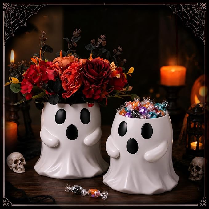 SiliFine Halloween Ghost Bucket with Artificial Flowers Halloween Vase | 6 Inch, Ghost Vase Planter Pot, Halloween Floral Centerpiece, Halloween Candy Holder, Desktop, Indoor Outdoor Holiday Decor