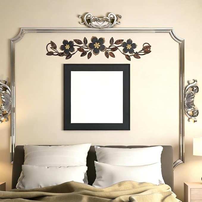 Wesiti Metal Flower Wall Decor Vintage Metal Flower Wrought Iron Scroll Sculpture 15.7''x3.7'' Not 3D, Flat Farmhouse Leaf Wall Decor with Nails for Summer Bedroom Kitchen Indoor Outdoor(Black)