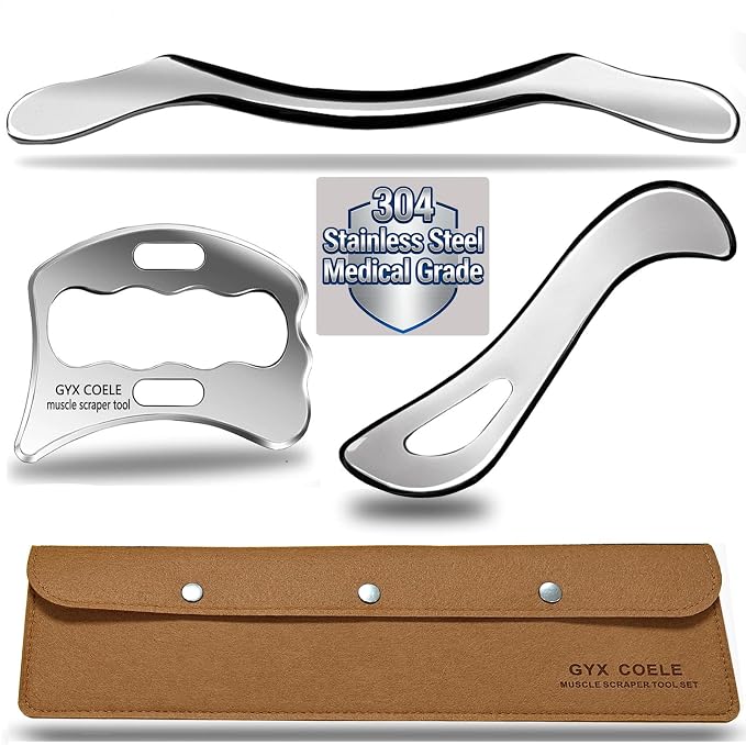 Muscle Scraper Tool Set, Stainless Steel IASTM Kit, Scraping Massage Tools for Physical Therapy, 3 Piece for Fascia Release
