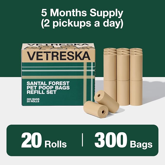 VETRESKA Dog Poop Bags, 300 Counts, Leak Proof, Extra Thick and Large | Pet Waste Bags for Dog Walking and Cat Litter, Sandalwood & Almond Scented