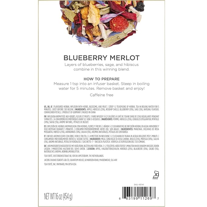 Tea Forte Premium Loose Leaf Tea Blend, Resealable 1 Pound Bag, Makes 160-175 Cups, Blueberry Merlot