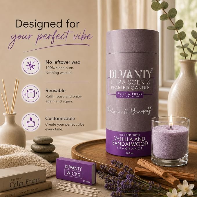 Relax & Focus Candle Sand with Wicks – Vanilla & Sandalwood Scented Wax Beads Candle for Calm Home Ambiance & Elegant Everyday Rituals, 17.6 oz