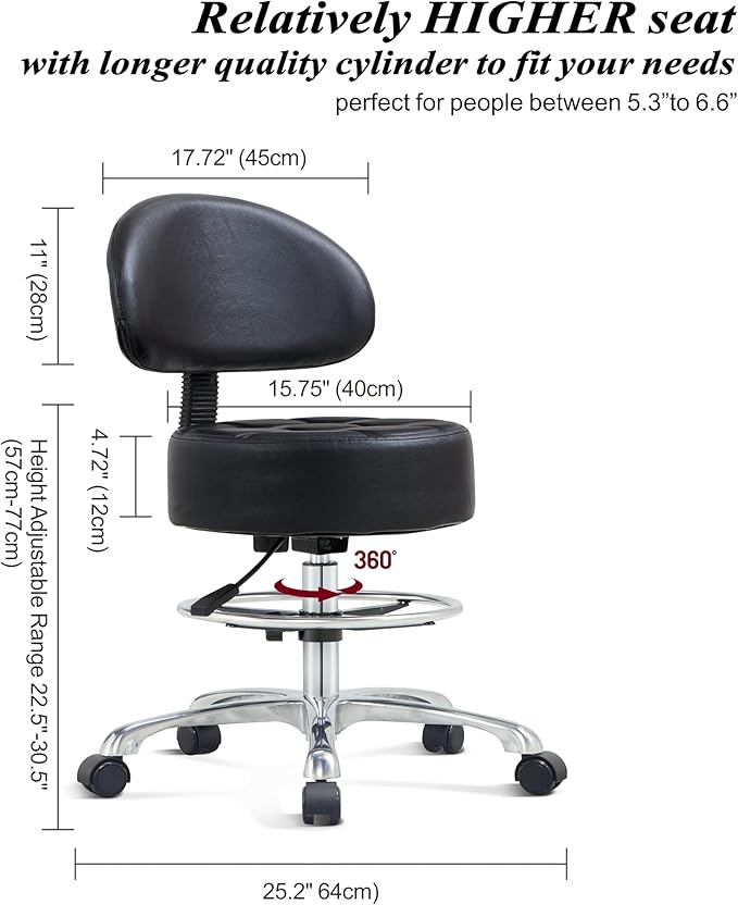 Height Adjustable Rolling Shop Stool with Back Support - Kitchen Stool with Wheels Heavy Duty for Salon, Spa, Massage, Tattoo, Esthetician - Extra Thick for Extreme Comfort