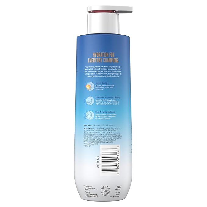 Olay Body Wash for Women, WNBA, Intensely Hydrating, Hyaluronic Acid Serum, Hydration On/Off Court, Improves Moisture Barrier, Vitamin B3 Complex, All Skin Types, Victory Vibes Vanilla Scent, 20 fl oz