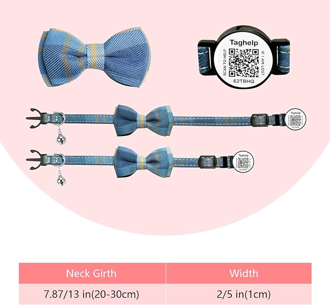 Personalized Cat Collar with smart ID Tag,Breakaway Cat Collar with Bells,Bow Tie Cat Collar with On ID Tags for Boys and Girls Safety Plaid Kitten Collars with QR ID Tag for Cats (Pink)