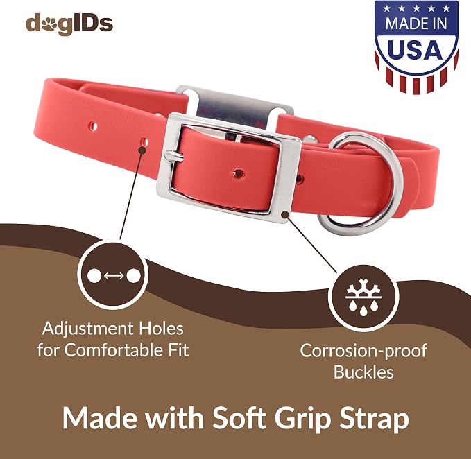 dogIDs Personalized Dog Collar – ScruffTag Custom Waterproof Biothane Dog Collar with Laser-Engraved Name, Durable & Odor-Resistant – USA Made | Coral, 1 in x 18 in (Fits Neck Sizes 16-20 in)