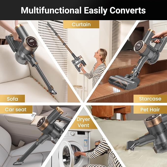 Cordless Vacuum Cleaner, 10-in-1 Lightweight Stick Vacuum with 45mins Runtime, Powerful Suction, LED Touch Screen, Rechargeable Vacuum Cleaners for Home Hardwood Floor Carpet Pet Hair (Gold)