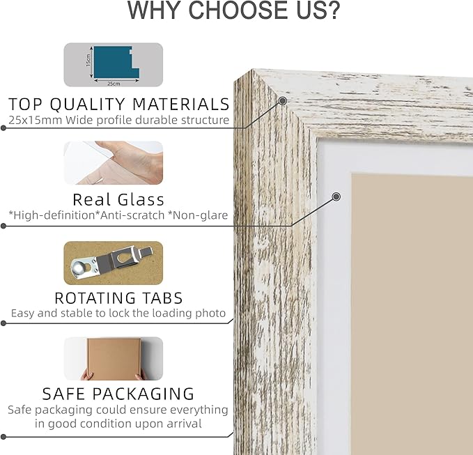 Hongkee 12x12 Picture Frame Set of 4 - Made of Glass and Distressed White Wooden Frame, Display Square Pictures 10x10 with Mat or 12 x 12 without Mat, Desktop & Wall Collage Photo Frame