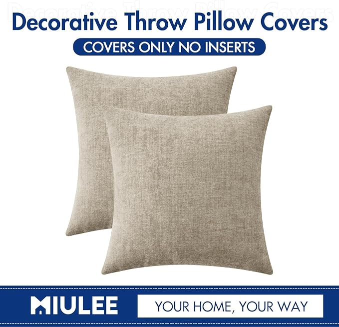 MIULEE Soft Chenille Throw Pillow Covers Light Taupe 20x20 Inch Pack of 2 | Modern Home Decor, Classic Decorative Pillows, Solid Dyed Cases, Boho Couch Cushion Covers for Sofa Bed Living Room