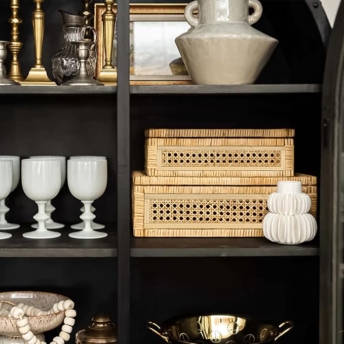 Large Handwoven Boho Rattan Display Boxes with Glass Lids Set of 2 | Rectangular Decorative Storage Bins Natural Woven Cane Home Decor Organizers (15.55" x 9.64" x 5.9" & 12.48" x 6.88" x 4.52")