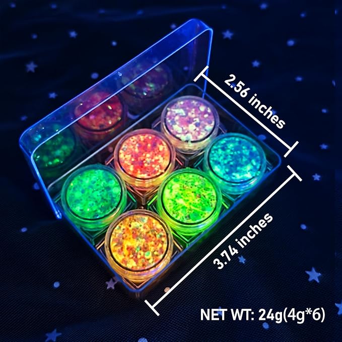 6 Colors Glow Body Glitter Gel, Glow in The Dark Hair Face Glitter Gel, Rave Accessories for Festivals Carnival UV Black Light Party
