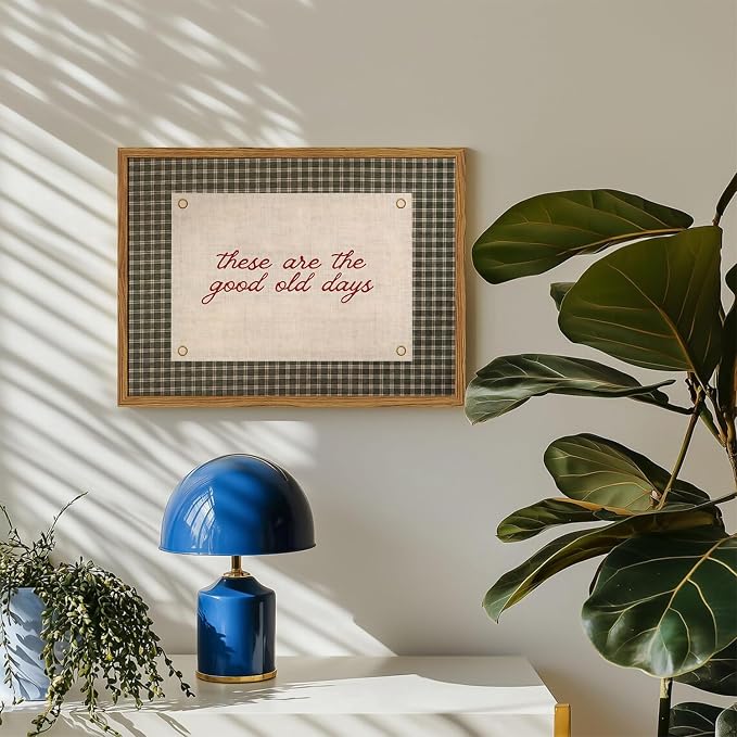 Framed These Are The Good Old Days Wall Art, Vintage Family Inspirational Quote Pictures Wall Decor, Retro Green Gingham Paintings Prints Motivational Home Decor for Living Room Bedroom 16x24 inch