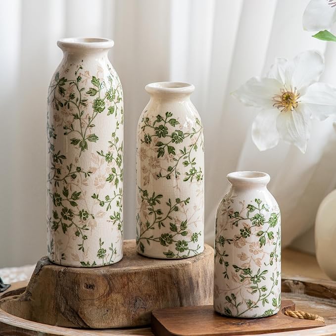 Teweiqi Vintage Vase Set of 3, Ceramic Flower Vases Chinoiserie Decor, Rustic Farmhouse Vases Retro Decorative Vases, for Home Living Room Kitchen Table Mantle Shelf Decor - Green and White