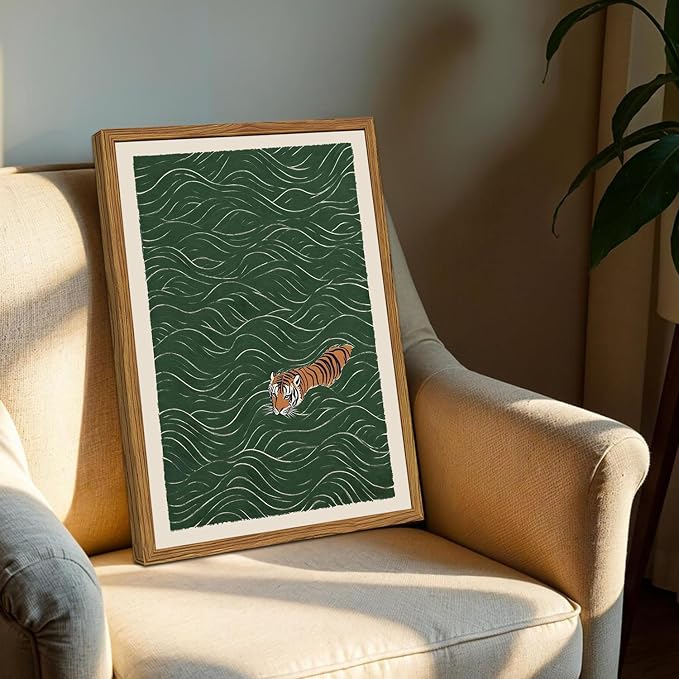 Framed Japanese Tiger Wall Art, Vintage Tiger Swimming Pictures Wall Decor, Funny Wild Animal Paintings Canvas Prints Eclectic Home Decor for Living Room Bedroom Bathroom 12x16 inch