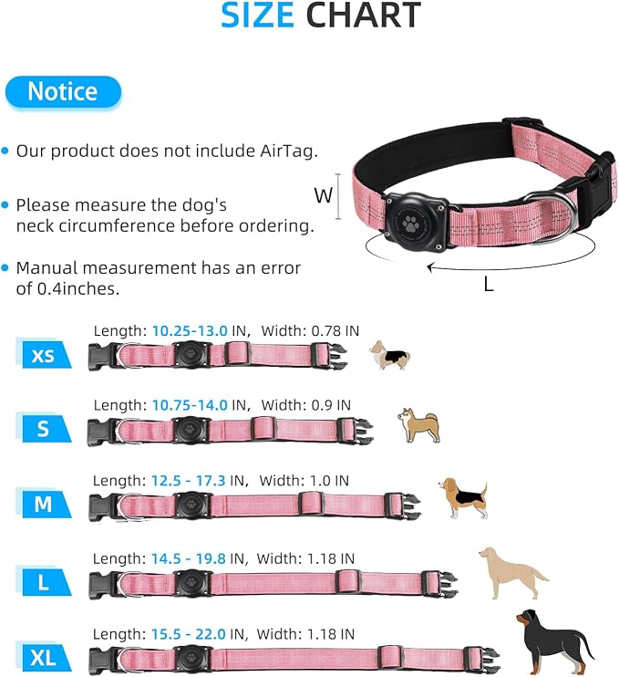 Upgrade Dog Collar with AirTag Holder, IP68 Waterproof, Pink, XS | Built-in Water Resistant AirTag holder, 1000D Nylon, Reflective Stitching for Night Visibility, Soft padding for Comfort