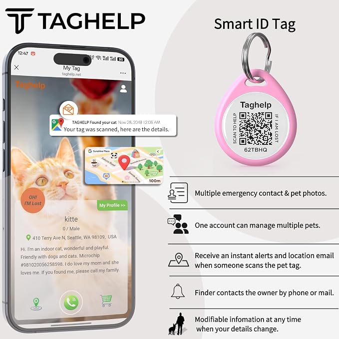 QR Code Cat ID Tag for Indoor Cats, Personalized Silent Cat Collar Tag with Online Profile, Scan to Contact Owner, No App No Subscription, Anti-Lost, 2 Pack (Pink, 1")