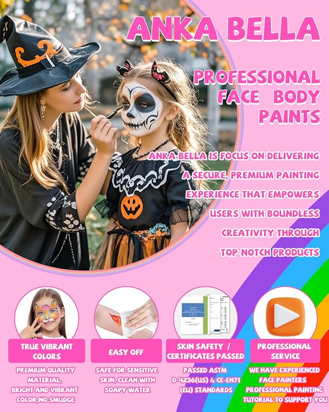 Anka Bella Professional Face Painting Kit,12X10gm Water Based Cake Face Paint with Stencil & Brushes,Hypoallergenic Safe & Non-Toxic,Gift for Birthday Parties/Halloween/Christmas