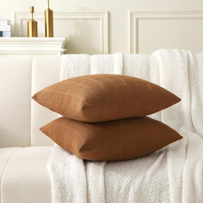 18" x 18" Decorative Throw Pillow with Inserts, Set of 2 Modern Neutral Farmhouse Vintage Throw Pillows, Square Boho Pillow for Couch, Bed, Sofa Decor (Brown, 18" x 18"(Pack of 2))