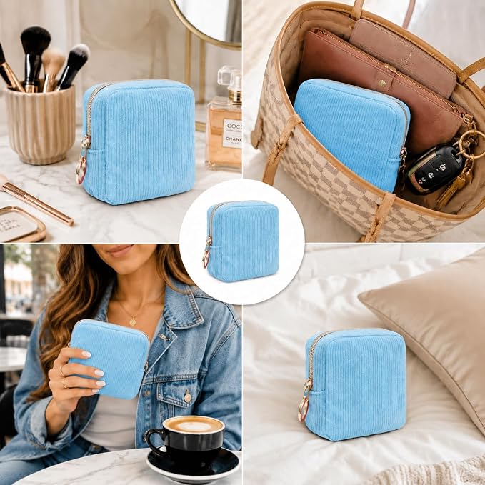 Period Bag for Girls, Corduroy Period Kit with Sanitary Pad Pouch, Menstrual Storage Bag and Tampon Holder for Purse, Girls School Essentials,Feminine Care Organizer(Bule)