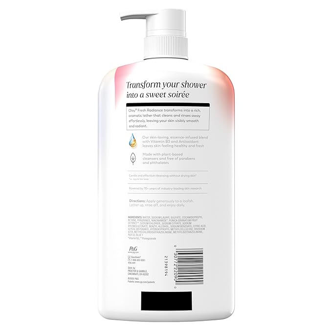 Olay Body Wash for Women, Fresh Radiance, 24/7 Skin-Loving Freshness, Visibly Radiant, Plant Based Cleansers, Vitamin B3 & Antioxidant Blend, For All Skin Types, Black Cherry & Vanilla Scent, 29 fl oz