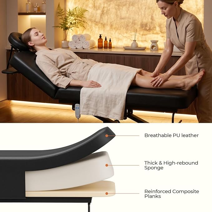 Paddie 550lbs Hi-Lo Electric Massage Table Professional, Black | Hydraulic Adjustable Backrest, Adjustable Face Cradle, Rolling Wheels