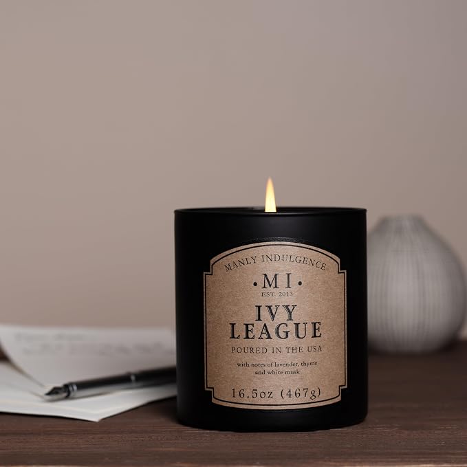 Manly Indulgence Ivy League Scented Candles for Men, 16.5 oz Single Wick, Premium Soy Blend Wax, 60H Burn, Candles for Home Scented – Made in The USA