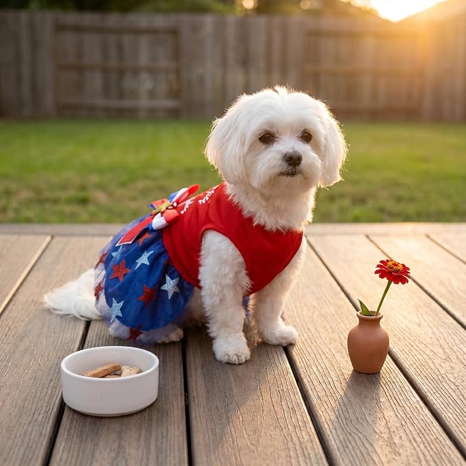 4th of July Pet Clothes for Small Dogs, 250th Independence Day Dog Seersucker Dresses Stars and Stripes Patriotic Pet Doggie Apparel Stretchable Outfit, XL Size
