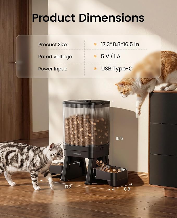 oneisall 5G WiFi Automatic Cat Feeder for 2 Cats, App Control, 32 Cups/7L | Elevated Bowls, Timed Meals, Feed Now, Feeding Logs, Slow Feed, Balanced Dispensing, Precise Portions, Easy-to-Clean
