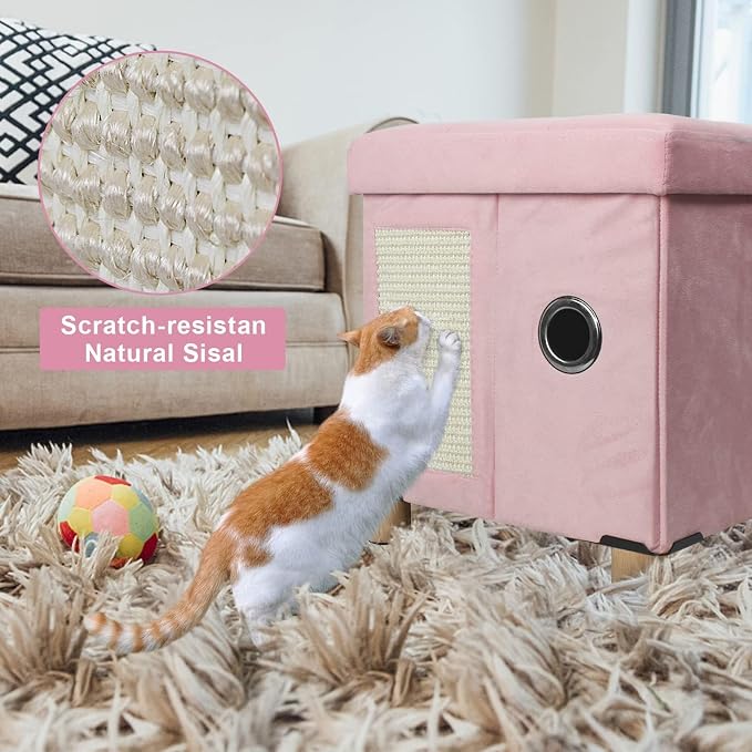 BRIAN & DANY Cat House for Indoor Cats,Cat Bed Cave for Kitten with Scratch Board & Ball,14.5X 12.5X 14.1 inches, Pink