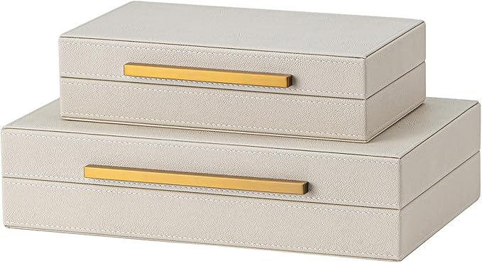XIGEXIGE Faux Leather Large Modern Stackable Nesting Jewelry Box with Lids Organizer – Set of 2 Beige Shagreen Decorative Storage Boxes with Gold Metal Handles