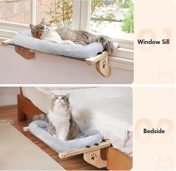 AMOSIJOY Wooden Cat Windowsill Perch with Zipper Cushion Bed, 24.4in | Sturdy Wood & Metal Frame Hold up to 40lbs, Machine Washable, Easy to Adjust, Hook-on Mounting Cat Hammock Seat for Large Cat