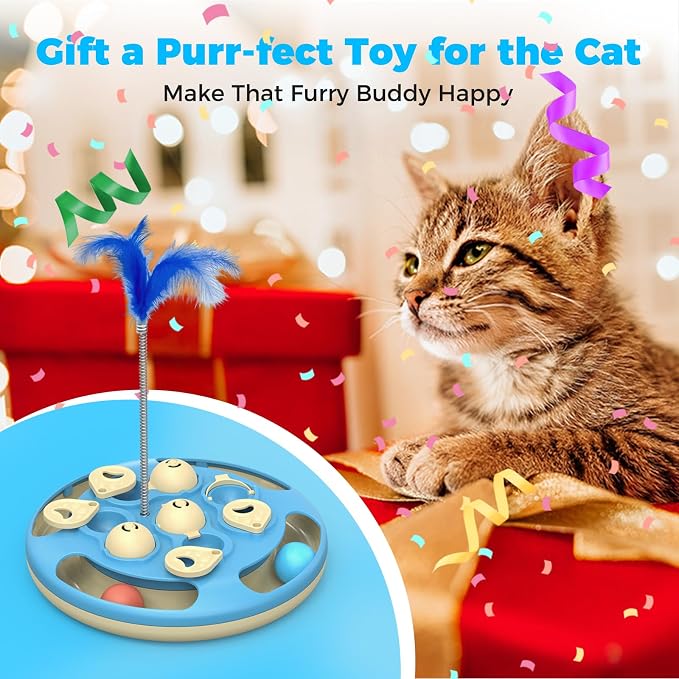 3 in 1 Cat Treat Puzzle Feeder, Level 3 Interactive Cat Puzzle Toy with Track Balls, Feather Teaser & Slow Feeder Insert, Non-Slip Base, Mental Stimulation for Bored Indoor Cats, Blue