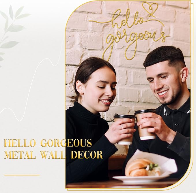 Hicarer Metal Hello Gorgeous Wall Art Minimalist Wall Decor,Gold,Classic | for Bedroom Bathroom Living Room Dressing Room Salon Vanity Office Home Decoration, Easy to Install