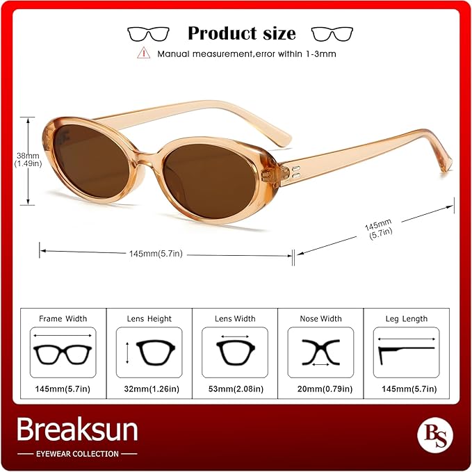 Breaksun Retro Oval Sunglasses for Women Men Fashion Small Oval Sunglasses 90s Vintage Shades