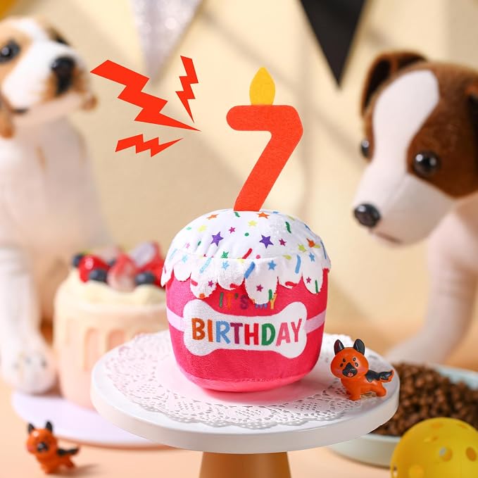 Dansydaisy Dog Birthday Cake Toy Squeaky Plush Gift,7th,Pink