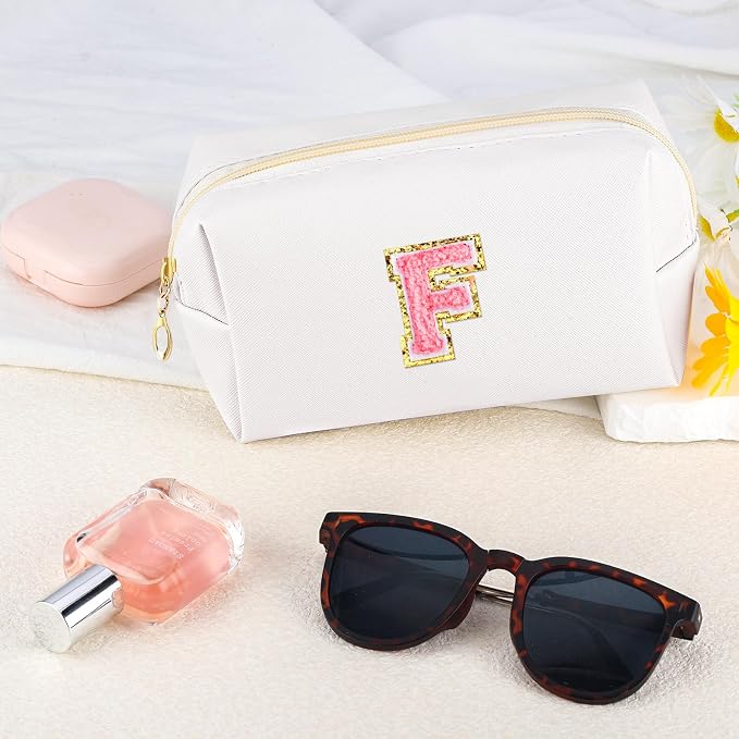 URSKYTOUS Initial Makeup Bag Personalized Preppy Travel Small Cosmetic Bag Cute PU White Chenille Letter Makeup Pouch for Purse Waterproof Zippered Toiletry Organizer for Women Girls Kids Friends (F)