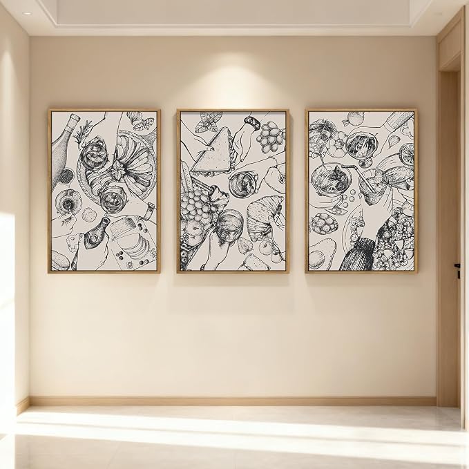 BINCUE Framed Food Wood Wall Art Set of Three Modern Cheers Kitchen Wall Decor Abstract Friends Party Art Print for Kitchen Dining Room Living Room 16x24 Inch
