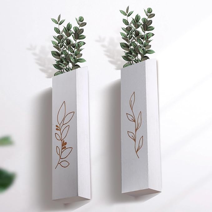 Wooden Wall Vase Planter Set of 4 | White Finish Farmhouse & Boho Wall Decor for Entryway, Hallway, Bathroom, Living Room, Dining Room