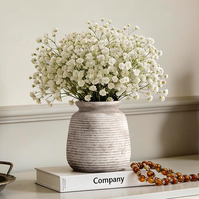 Ceramic Flower Vase, Small Vase Rustic Farmhouse Vases Home Decor Short Pottery Decorative Pampas Vase for Table Living Room Entryway Mantel Bookshelf Bedroom Bathroom Kitchen - 6" D