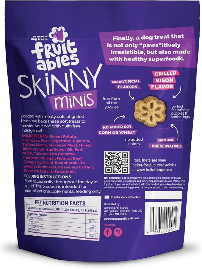 Fruitables Skinny Mini Dog Treats, Training Treats, Grilled Bison, 12oz | Healthy Dog Treats, Crunchy Dog Biscuits, Healthy Puppy Treats, Limited Ingredient, Training Rewards, Made in USA