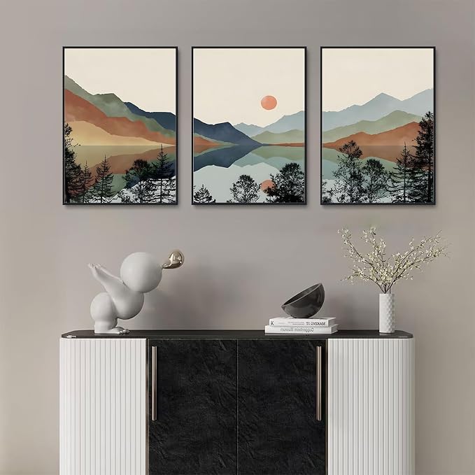 Blue Mountain Framed Canvas Wall Art Set of 3 16x24 inch | Boho Watercolor Wall Decor, Blue Mountain Sun Forest Prints, Living Room Bedroom Office Art