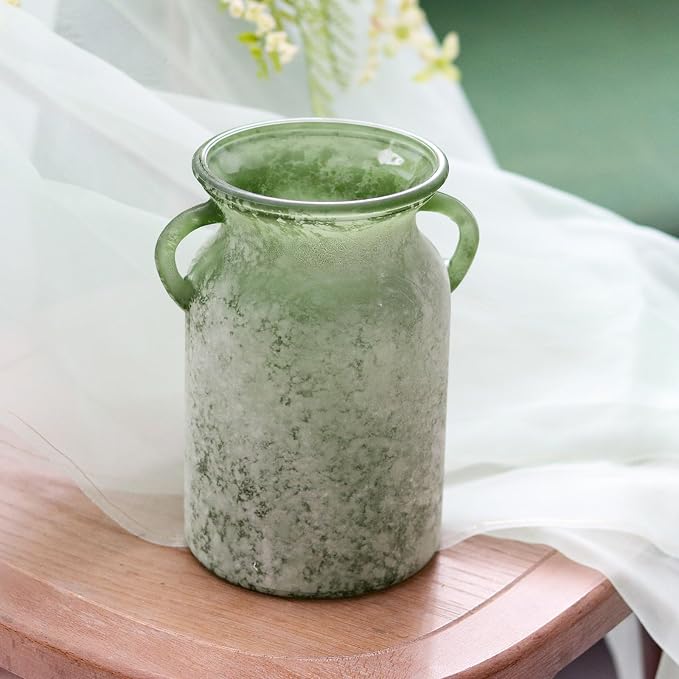 SHMILMH Glass Flower Vase with Handle – 8 Inches Rustic Imitation Ceramic Vase for Flowers, Vintage White Green Centerpiece Decor for Farmhouse, Modern Home, Table & Holiday Decorations