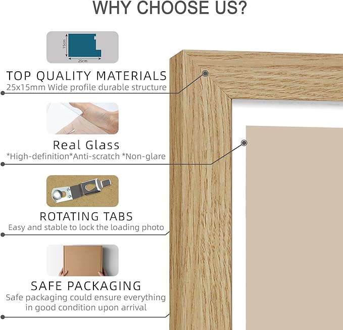 Hongkee 10x10 Picture Frame Set of 4, Made of Glass and Natural Oak Wooden Frame - Display Picture 8x8 with Mat or 10 x 10 Without Mat, 10 by 10 Photo for Wall or Tabletop