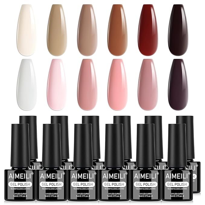 AIMEILI Gel Nail Polish Set 12 Colors Hema Free Classics White Nude Brown Polish Kit Soak off U V Led Nail Art Manicure Fall Winter - Kit 41