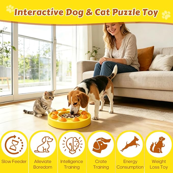 Dog Food Puzzle Toys Interactive Game Toy for IQ Training Enrichment Dog Food Puzzle Slow Feeder for Small, Medium Dogs and All Cats (Yellow Bowl)