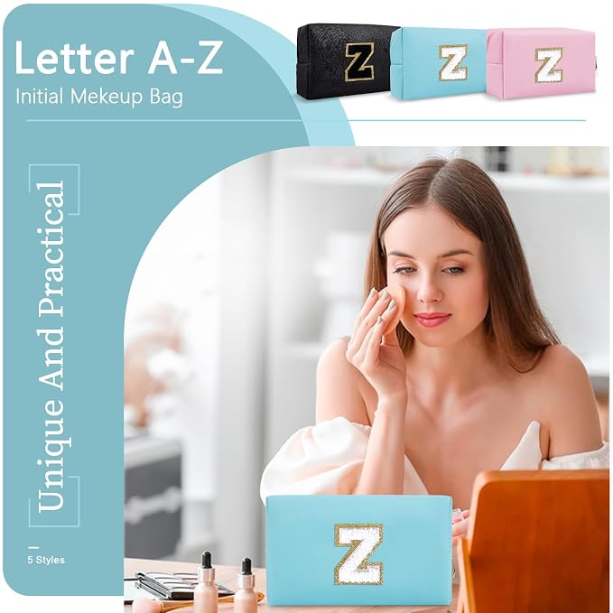 Small Personalized Initial A-Z Preppy Patch Makeup Bag,PU Chenille Letter Travel Cosmetic Pouch with Zipper,Blue Cute Toiletry Bag,Gift Ideal for Teen Girls Women Teacher Bridesmaid,Letter Z