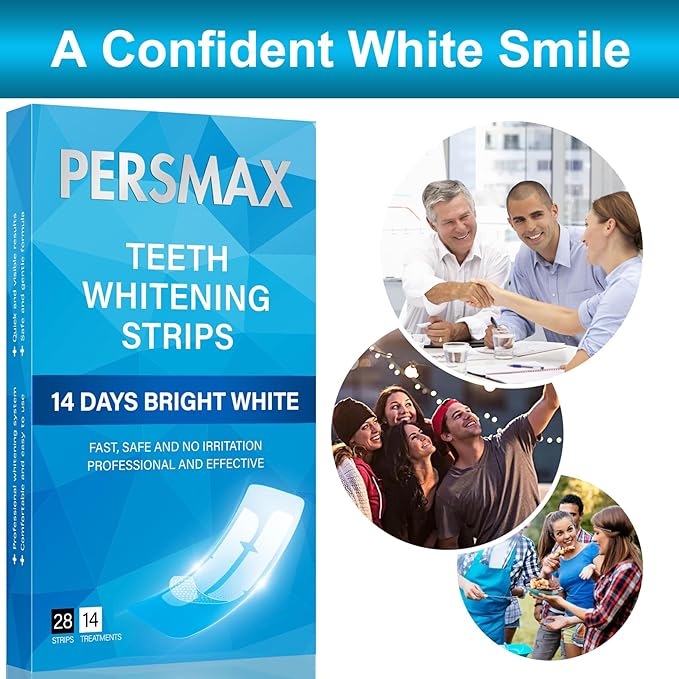 PERSMAX Teeth Whitening Strips for Sensitive Teeth Enamel Safe Whitening Kit No-Slip Remove Coffee Wine Smoking Stains Professional 14 Treatments 28 Strips