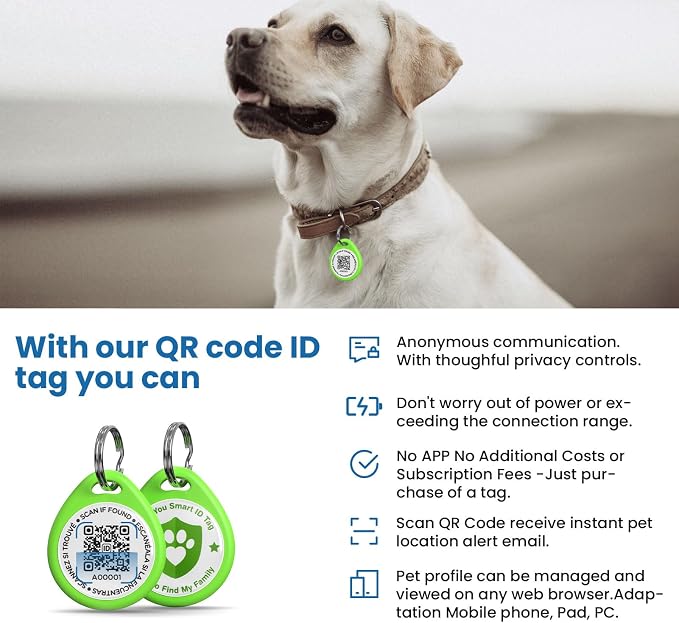 QR Code Dog Tags Personalized for Pets, Real-time Alerts, Green